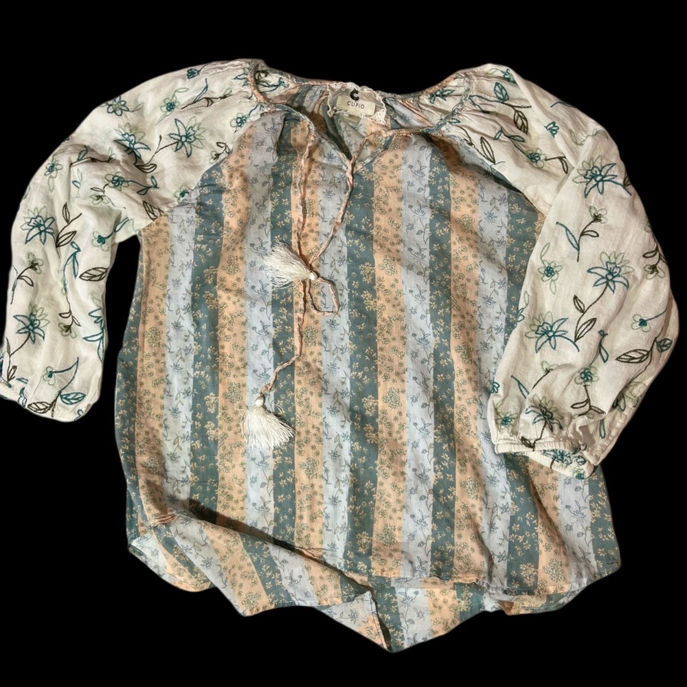 Cupio Floral and Striped Blouse - Blue, Cream, Tan